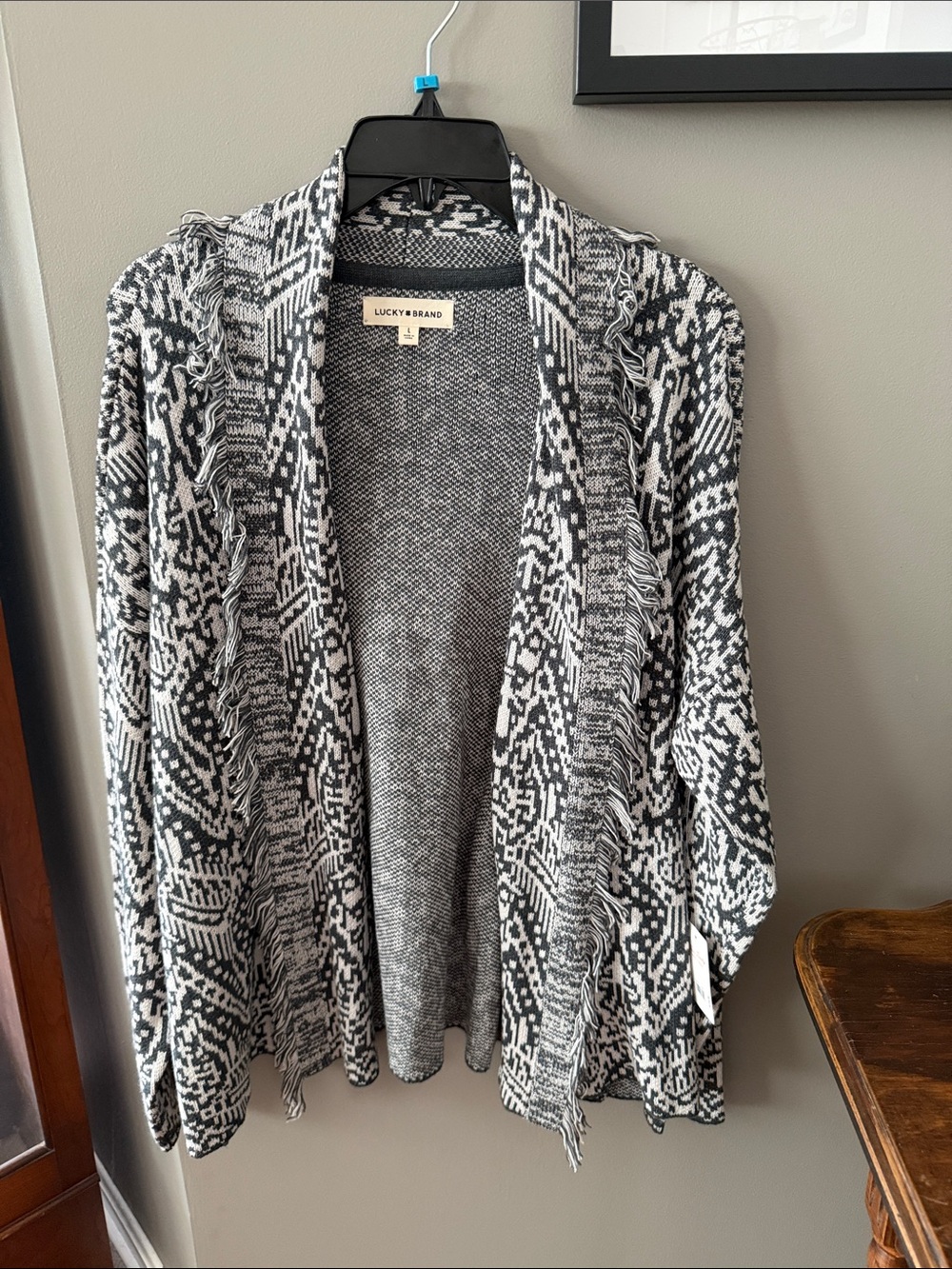 Lucky Brand Black & White Geometric Fringed Open Cardigan  size Large